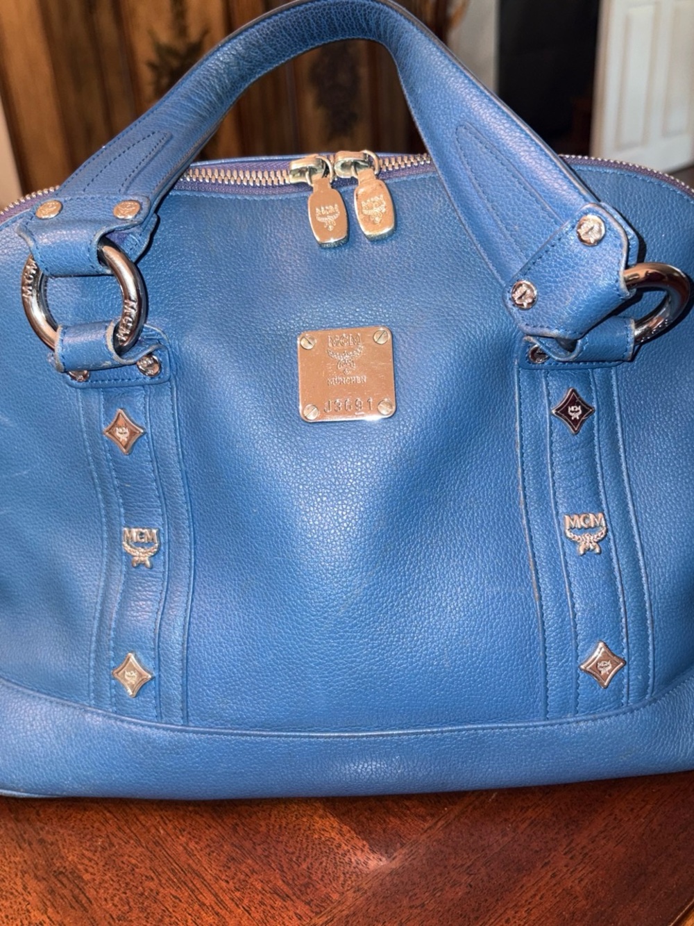 MCM Blue Leather Satchel with Gold Hardware